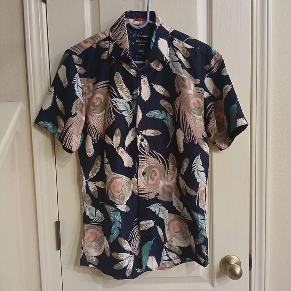 Silver Stone Collection Navy All Over Print Peacock Feather Button Up Shirt S